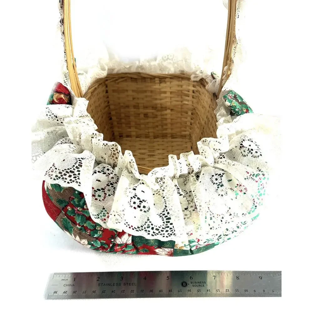 Vintage Handmade Quilted Christmas Basket Cotton & Lace 8x12x12”